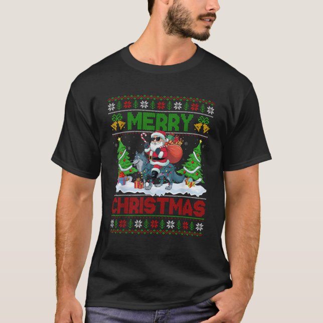 Xmas Tree Lights Ugly Santa Riding Wolf Christmas  T-Shirt (Front)