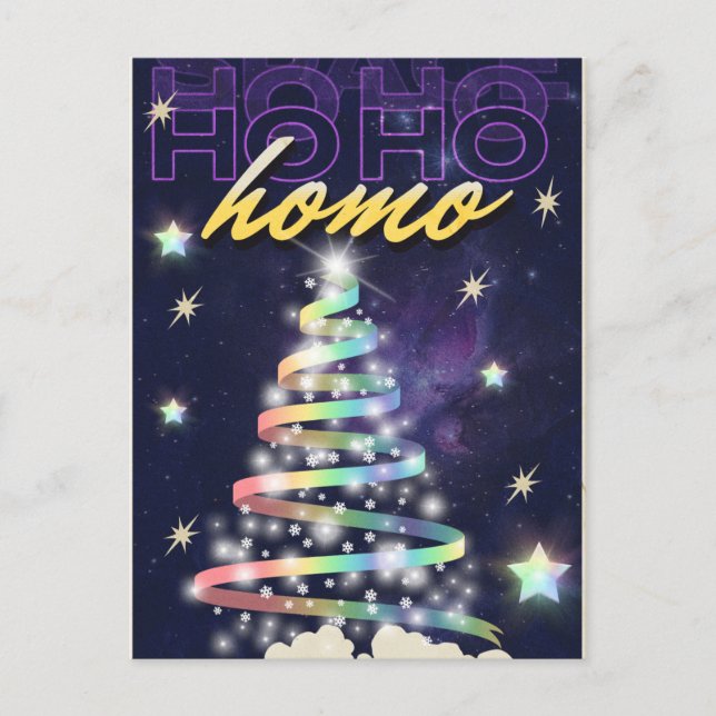Xmas tree rainbow glitter Ho Ho Homo Funny LGBT  Holiday Postcard (Front)