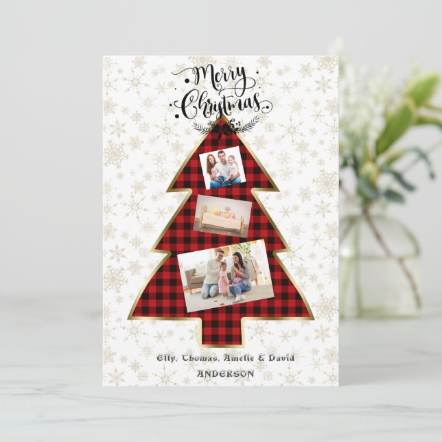 Xmas Tree Red Buffalo Gold Merry Christmas Photo Card (Standing Front)