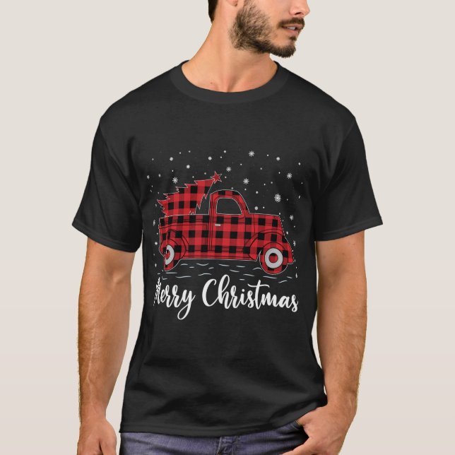 Xmas Tree Red Buffalo Plaid Red Truck Merry Christ T-Shirt (Front)