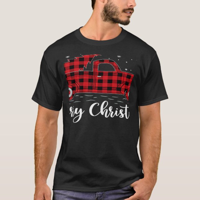Xmas Tree Red Buffalo Plaid Red Truck Merry Christ T-Shirt (Front)
