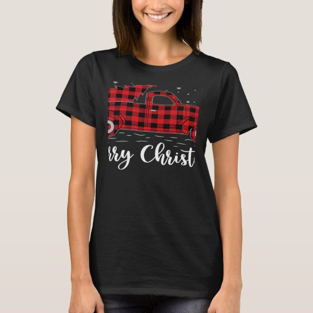 Xmas Tree Red Buffalo Plaid Red Truck Merry Christ T-Shirt (Front)
