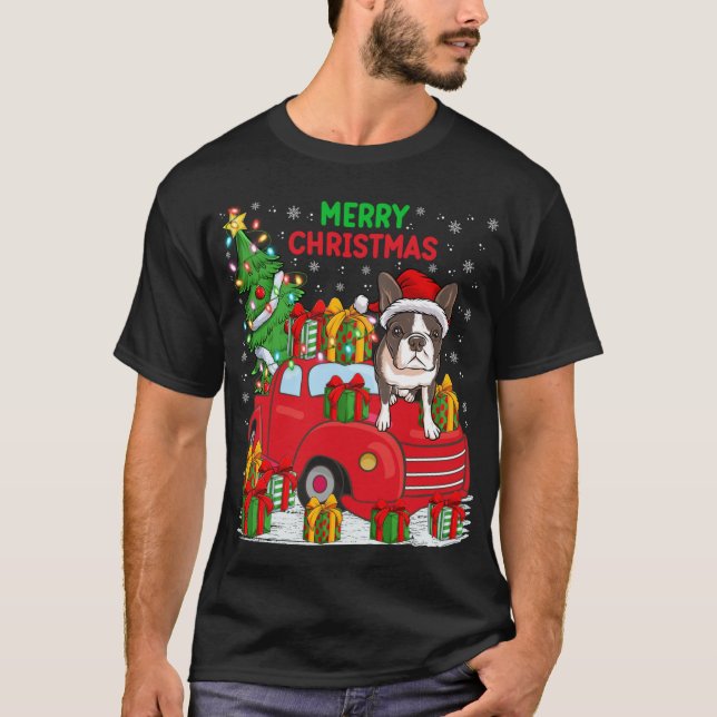 Xmas Tree Red Truck Lighting Boston Terrier Dog Ch T-Shirt (Front)