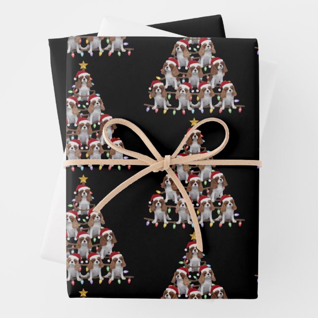 Xmas Tree Santa Cavalier King Charles Spaniel Dog  Wrapping Paper Sheet (In situ)
