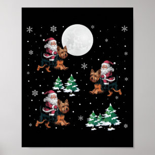 Xmas Tree Santa Riding Yorkshire Terrier Funny Chr Poster