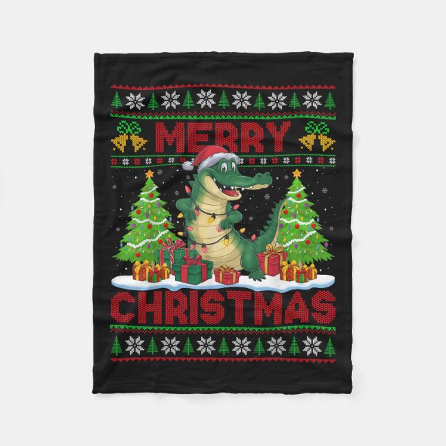 Xmas Tree Ugly Style Santa Hat Alligator Christmas Fleece Blanket (Front)