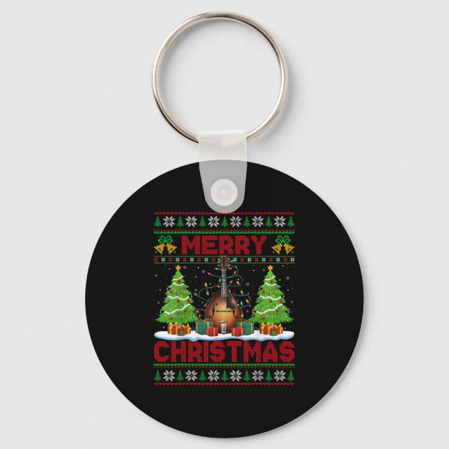 Xmas Tree Ugly Style Santa Musical Mandolin Christ Key Ring (Front)