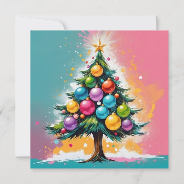 Xmas Tree with Colourful Shiny Ornaments  Holiday Card (Front)