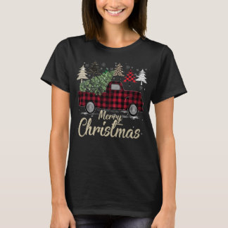 Xmas Trees Red Truck Buffalo Plaid T-Shirt