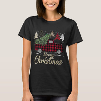 Xmas Trees Red Truck Buffalo Plaid T-Shirt