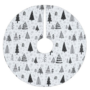 Xmas Trees & Snowflakes Black and White Pattern Brushed Polyester Tree Skirt