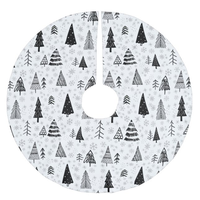 Xmas Trees & Snowflakes Black and White Pattern Brushed Polyester Tree Skirt (Front)