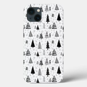 Xmas Trees & Snowflakes Black and White Pattern iPhone 13 Case