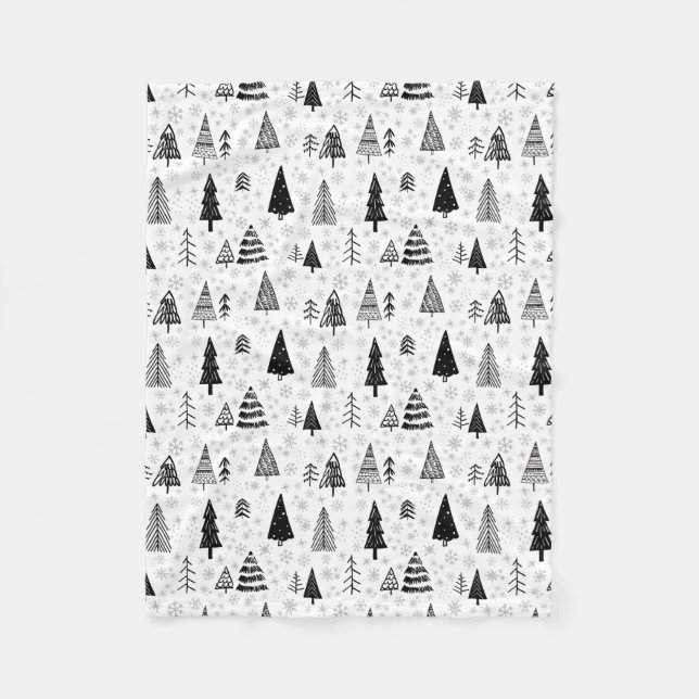Xmas Trees & Snowflakes Black and White Pattern Fleece Blanket (Front)