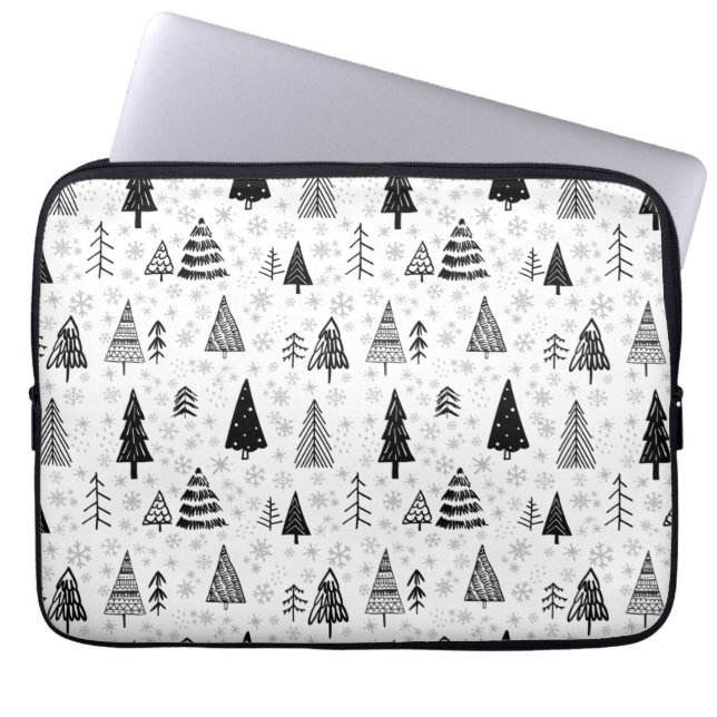 Xmas Trees & Snowflakes Black and White Pattern Laptop Sleeve (Front)
