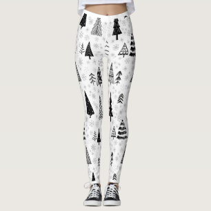 Xmas Trees & Snowflakes Black and White Pattern Leggings