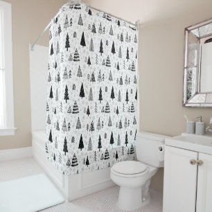 Xmas Trees & Snowflakes Black and White Pattern Shower Curtain