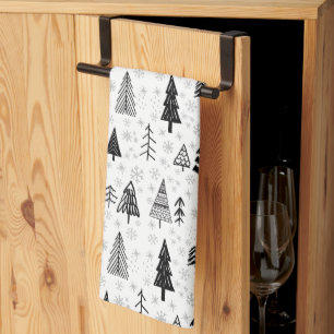 Xmas Trees & Snowflakes Black and White Pattern Tea Towel
