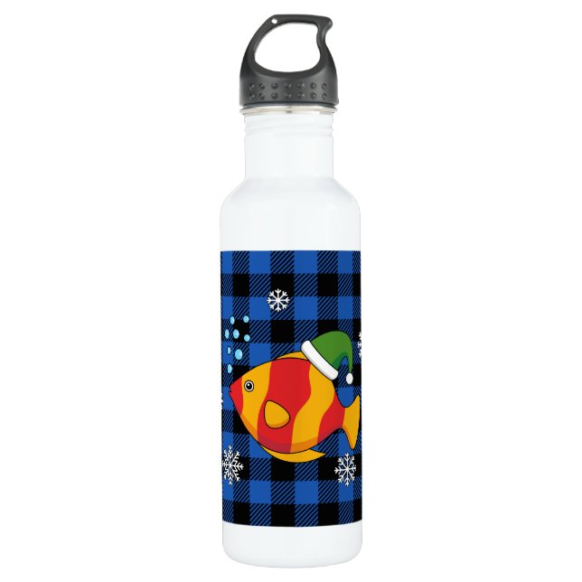 Xmas Tropical Fish Cartoon on Blue Buffalo Pattern 710 Ml Water Bottle (Front)