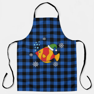 Xmas Tropical Fish Cartoon on Blue Buffalo Pattern Apron