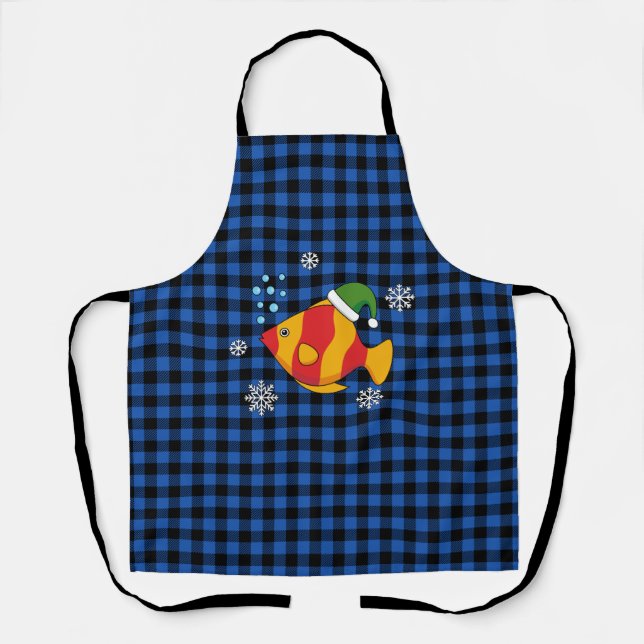 Xmas Tropical Fish Cartoon on Blue Buffalo Pattern Apron (Front)