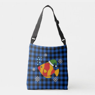 Xmas Tropical Fish Cartoon on Blue Buffalo Pattern Crossbody Bag