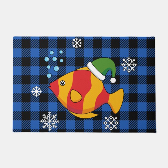 Xmas Tropical Fish Cartoon on Blue Buffalo Pattern Doormat (Front)
