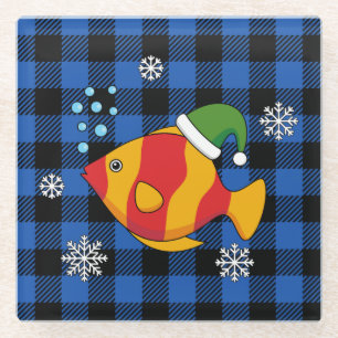 Xmas Tropical Fish Cartoon on Blue Buffalo Pattern Glass Coaster