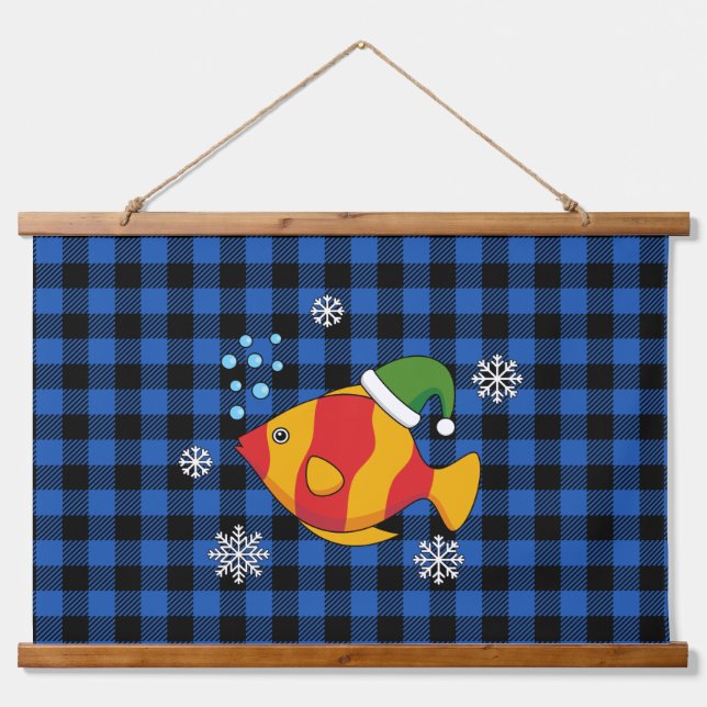 Xmas Tropical Fish Cartoon on Blue Buffalo Pattern Hanging Tapestry (Front)