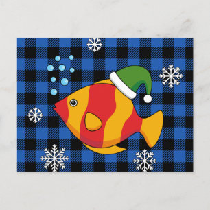 Xmas Tropical Fish Cartoon on Blue Buffalo Pattern Holiday Postcard