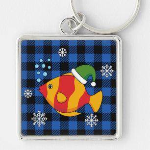 Xmas Tropical Fish Cartoon on Blue Buffalo Pattern Key Ring
