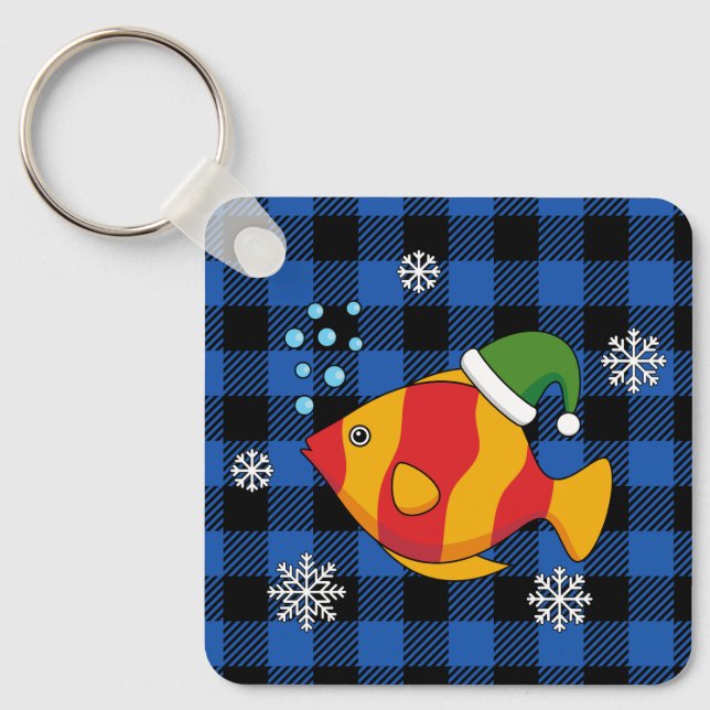 Xmas Tropical Fish Cartoon on Blue Buffalo Pattern Key Ring (Front)