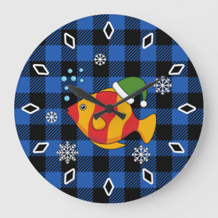 Xmas Tropical Fish Cartoon on Blue Buffalo Pattern Large Clock
