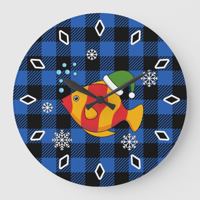 Xmas Tropical Fish Cartoon on Blue Buffalo Pattern Large Clock (Front)