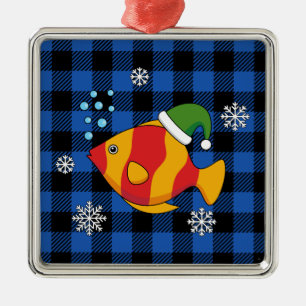 Xmas Tropical Fish Cartoon on Blue Buffalo Pattern Metal Tree Decoration