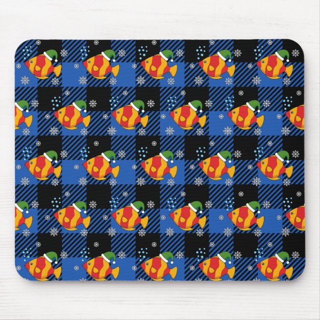 Xmas Tropical Fish Cartoon on Blue Buffalo Pattern Mouse Mat (Front)
