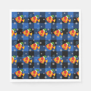 Xmas Tropical Fish Cartoon on Blue Buffalo Pattern Napkin