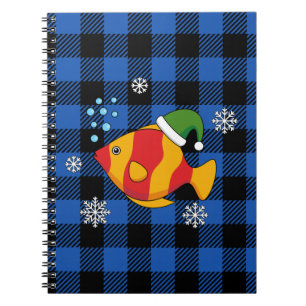 Xmas Tropical Fish Cartoon on Blue Buffalo Pattern Notebook