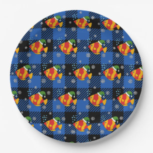 Xmas Tropical Fish Cartoon on Blue Buffalo Pattern Paper Plate