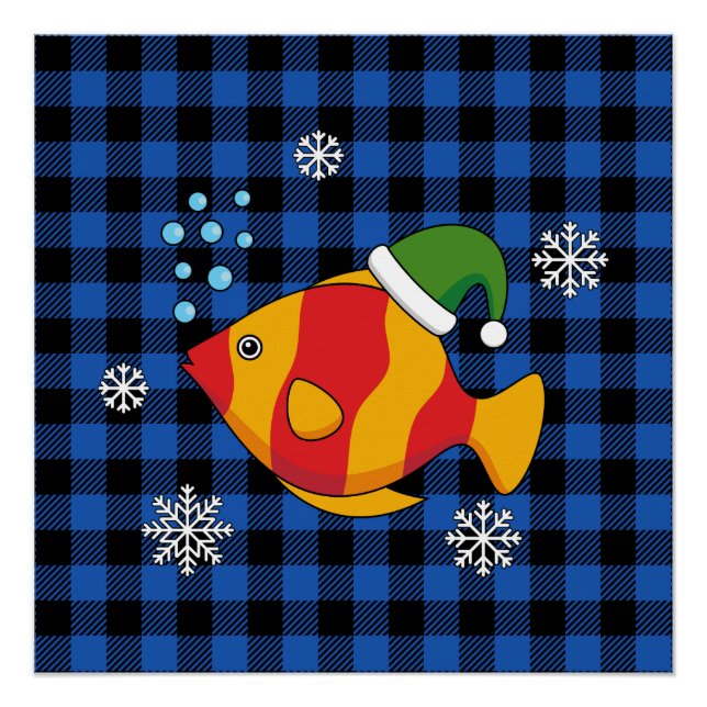 Xmas Tropical Fish Cartoon on Blue Buffalo Pattern Poster (Front)