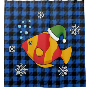 Xmas Tropical Fish Cartoon on Blue Buffalo Pattern Shower Curtain