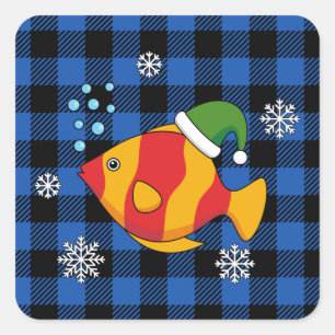 Xmas Tropical Fish Cartoon on Blue Buffalo Pattern Square Sticker