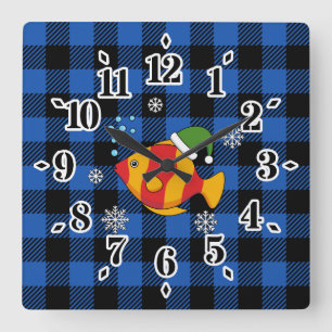 Xmas Tropical Fish Cartoon on Blue Buffalo Pattern Square Wall Clock