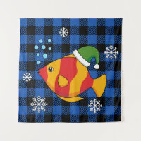 Xmas Tropical Fish Cartoon on Blue Buffalo Pattern