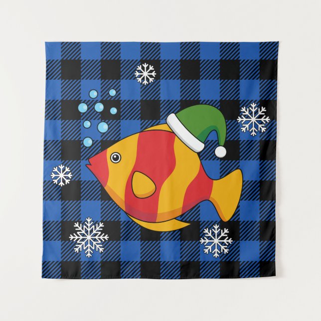 Xmas Tropical Fish Cartoon on Blue Buffalo Pattern Tapestry (Front)