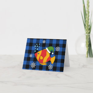 Xmas Tropical Fish Cartoon on Blue Buffalo Pattern Thank You Card