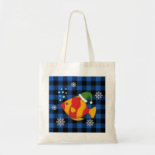 Xmas Tropical Fish Cartoon on Blue Buffalo Pattern Tote Bag