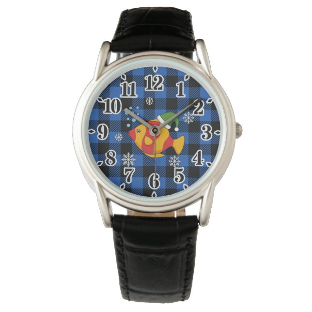 Xmas Tropical Fish Cartoon on Blue Buffalo Pattern Watch (Front)