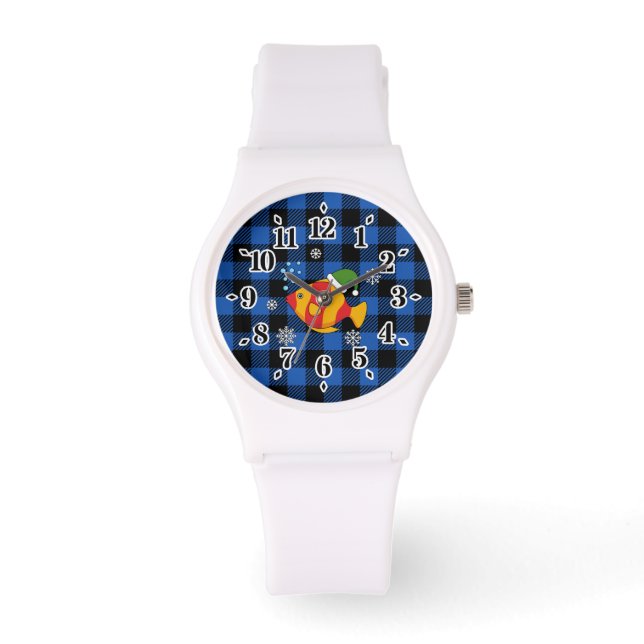 Xmas Tropical Fish Cartoon on Blue Buffalo Pattern Watch (Front)