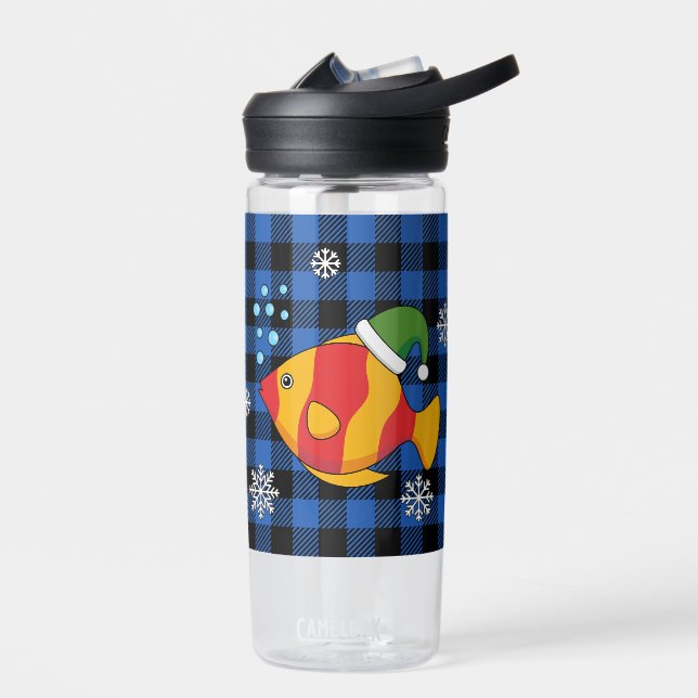 Xmas Tropical Fish Cartoon on Blue Buffalo Pattern Water Bottle (Left)